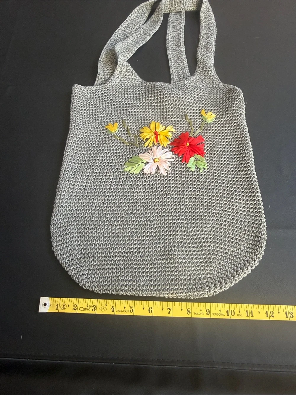 Gray Crochet Floral Appliqué Hobo Tote Bag Boho Cottagecore